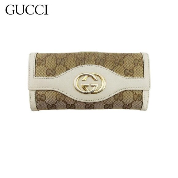 GUCCI Long Wallet GG Canvas Beige Canvas x Leather Authentic Used - Picture 1 of 10